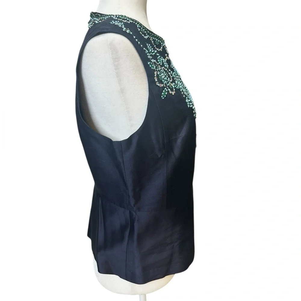 Tory Burch Navy Embellished Sequined and Beaded Silk Blouse